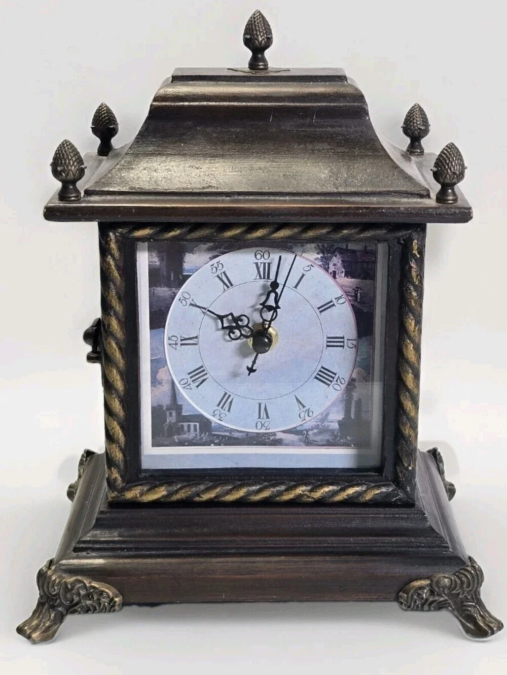 Vtg  Wooden Mantle Clock with Roman Numerals 10” Tall  New Batteries Installed.